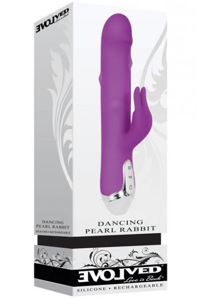 Side view of the Dancing Pearl rabbit vibrator showing the curve of the shaft and the silicone clit arm.