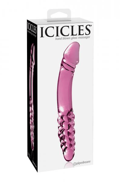 Black Icicles retail box showing the No 57 pink glass double dildo, labeled as hand blown glass massager by Pipedream.