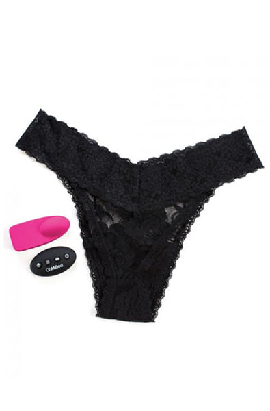 OhMiBod Club Vibe 3.OH wearable panty vibrator: pink silicone vibe, black wireless remote, black lace thong.