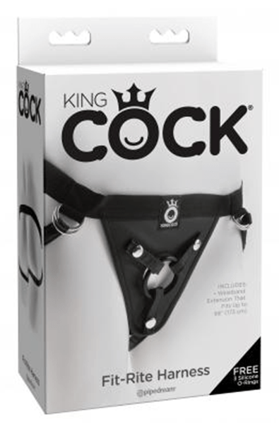 Detail of King Cock Fit Rite harness Velcro O-ring panel and rivet hardware on a white background.