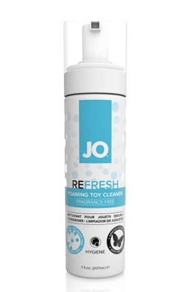 White 7 fl oz pump bottle of System Jo Refresh fragrance free foaming toy cleaner with blue label and bubble graphic.