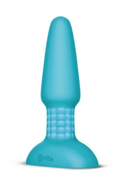 Second view of the B-Vibe Rimming Plug in teal silicone with beaded rim ring.