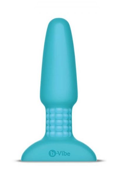 Teal silicone anal plug with tapered tip, beaded ring at the neck, and a flared T-bar base with b-Vibe lettering.
