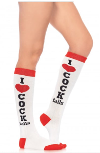 White knee-high socks with red cuff, heel, and toe, with a red heart and the text I COCK tails knit vertically up the calf.