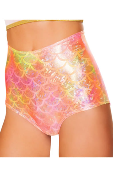 High-waist shorts in iridescent pink and orange mermaid scale print with cheeky-cut back
