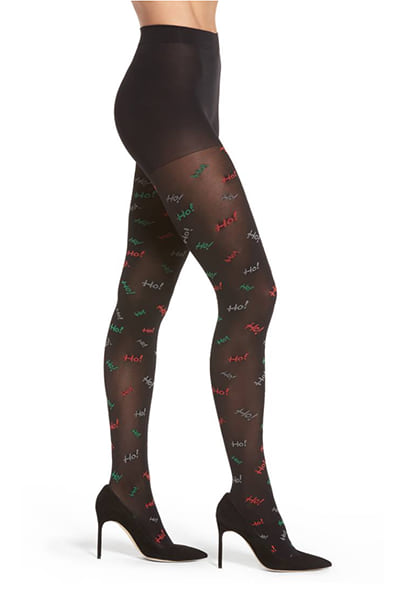 Black sheer tights with the word "Ho!" repeated in red, green, silver, and white lurex print scattered across both legs.