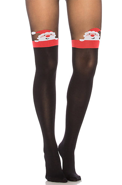 Black tights with a sheer top section ending in a red band with a knit Santa face (white beard, red hat) at each thigh, opaque legs below.