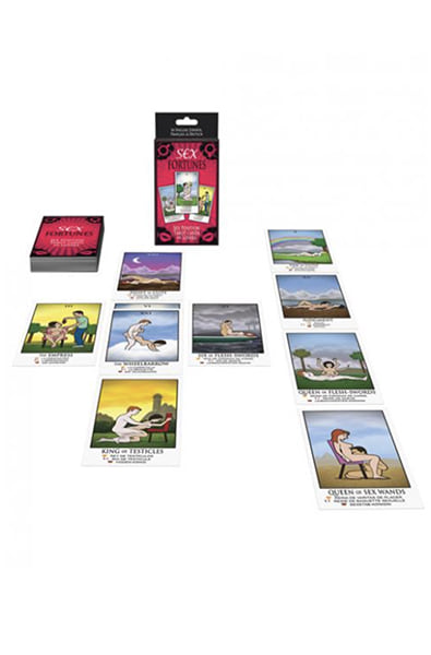 Side view of Sex Fortunes Tarot Cards for Lovers box showing a 10-card tarot spread and instruction booklet.