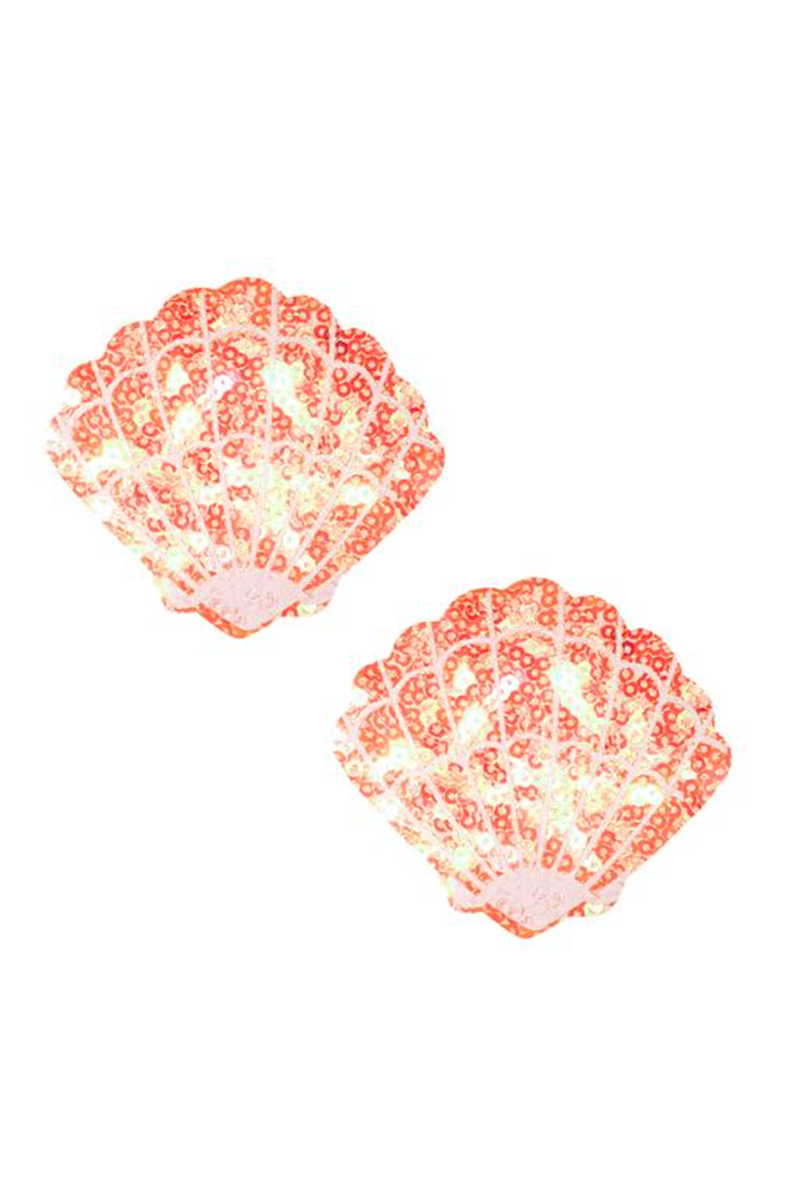 Two scallop-shell-shaped pasties covered in coral, peach, and pink iridescent sequins with white highlights and pink rhinestone accents.