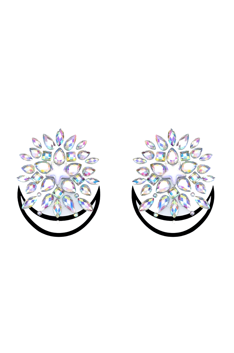 Two sunburst-fan-shaped jewel pasties built from clear and AB rhinestones in mixed cuts, with a black pleather crescent-moon curving below.