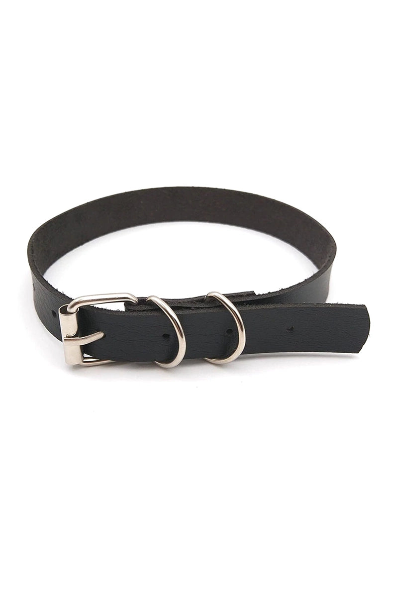 Pink, black, and red vegan leather collars with silver rhinestone-encrusted letters spelling CUSTOM as a sample, all with silver buckles.