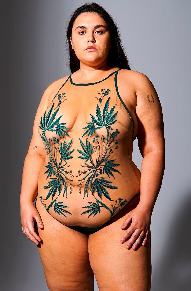 Thistle and Spire Brooklyn Haze nude mesh cannabis embroidered bodysuit