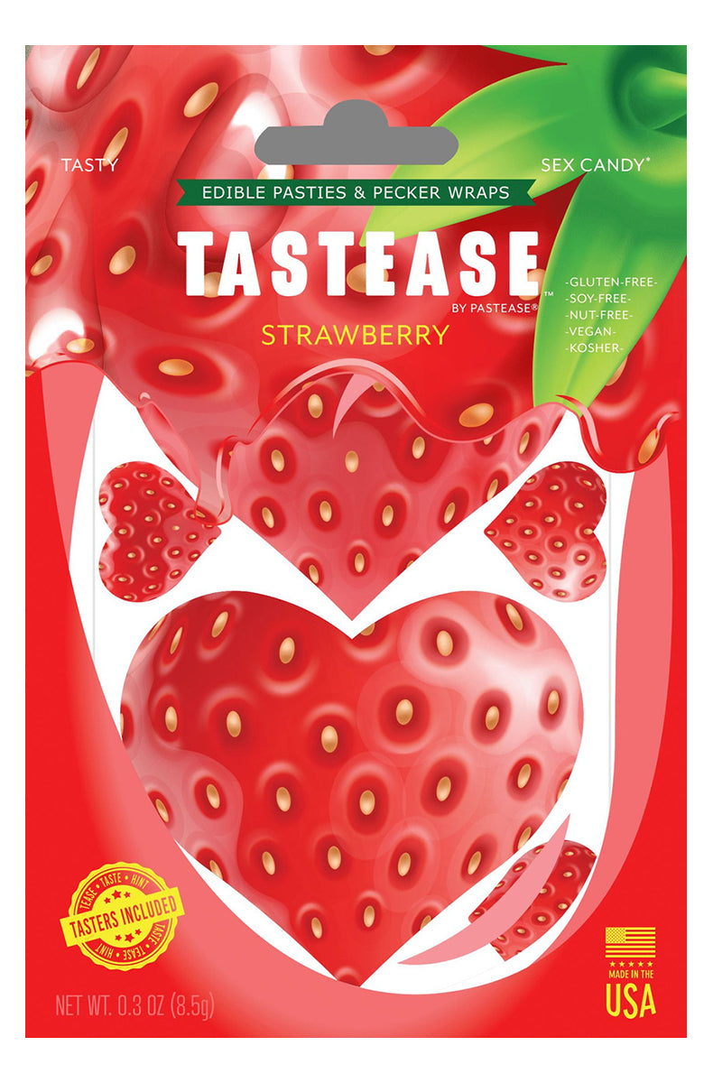 TASTEASE Strawberry package with heart-shaped edible pasties in a red-strawberry print, allergen-free, vegan, and kosher labels.