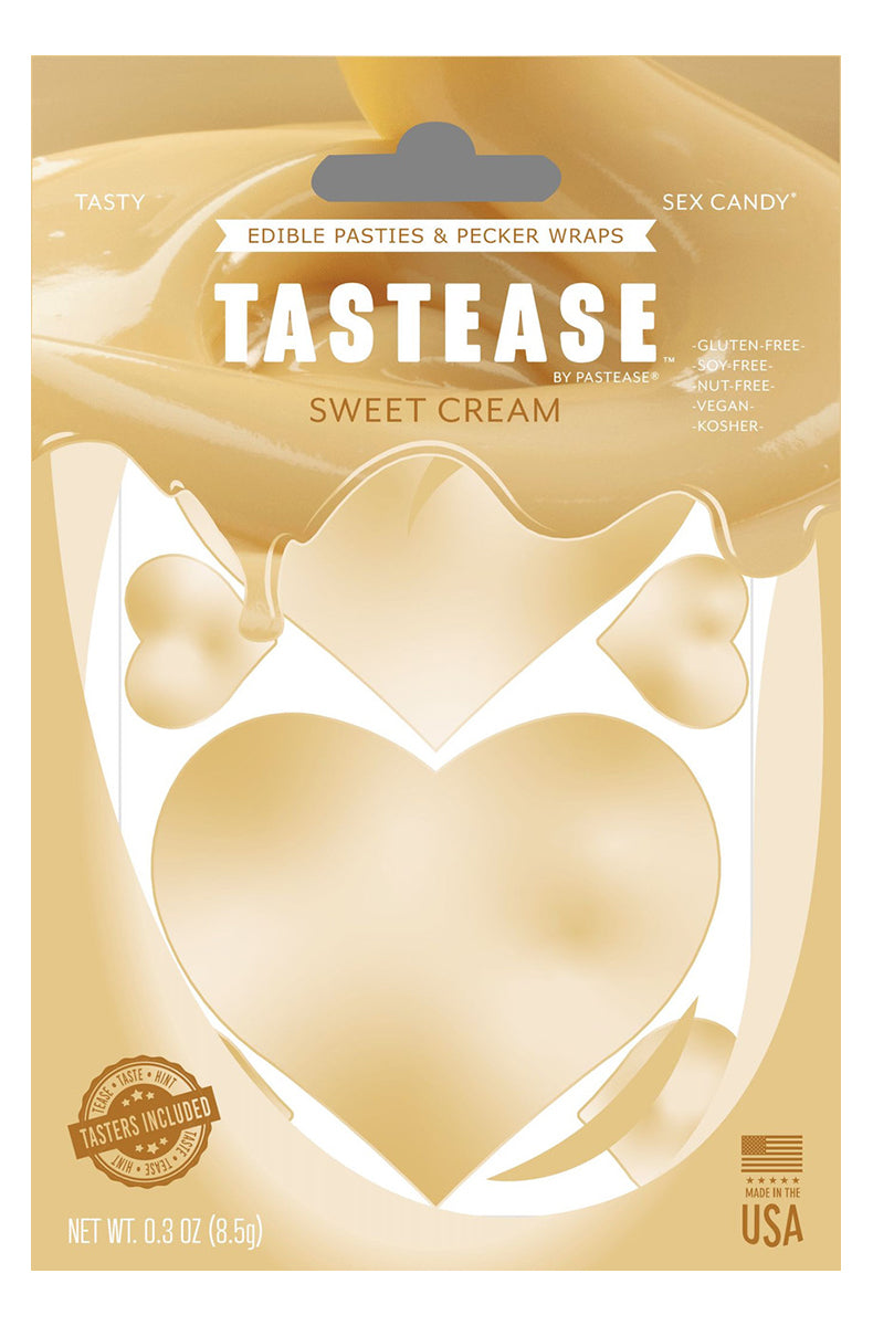 TASTEASE Sweet Cream package with heart-shaped edible pasties in a smooth cream-vanilla finish, allergen-free, vegan, and kosher labels.