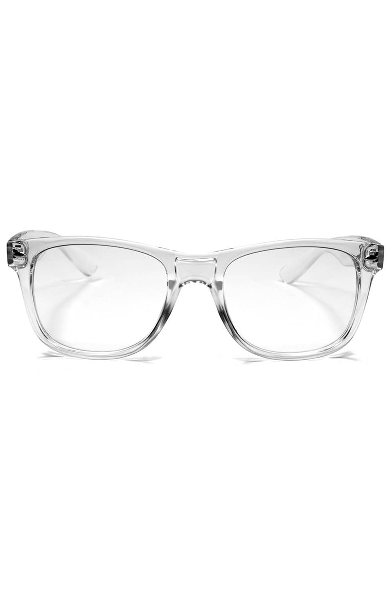 Wayfarer-style sunglasses with transparent clear plastic frames and clear diffraction lenses.