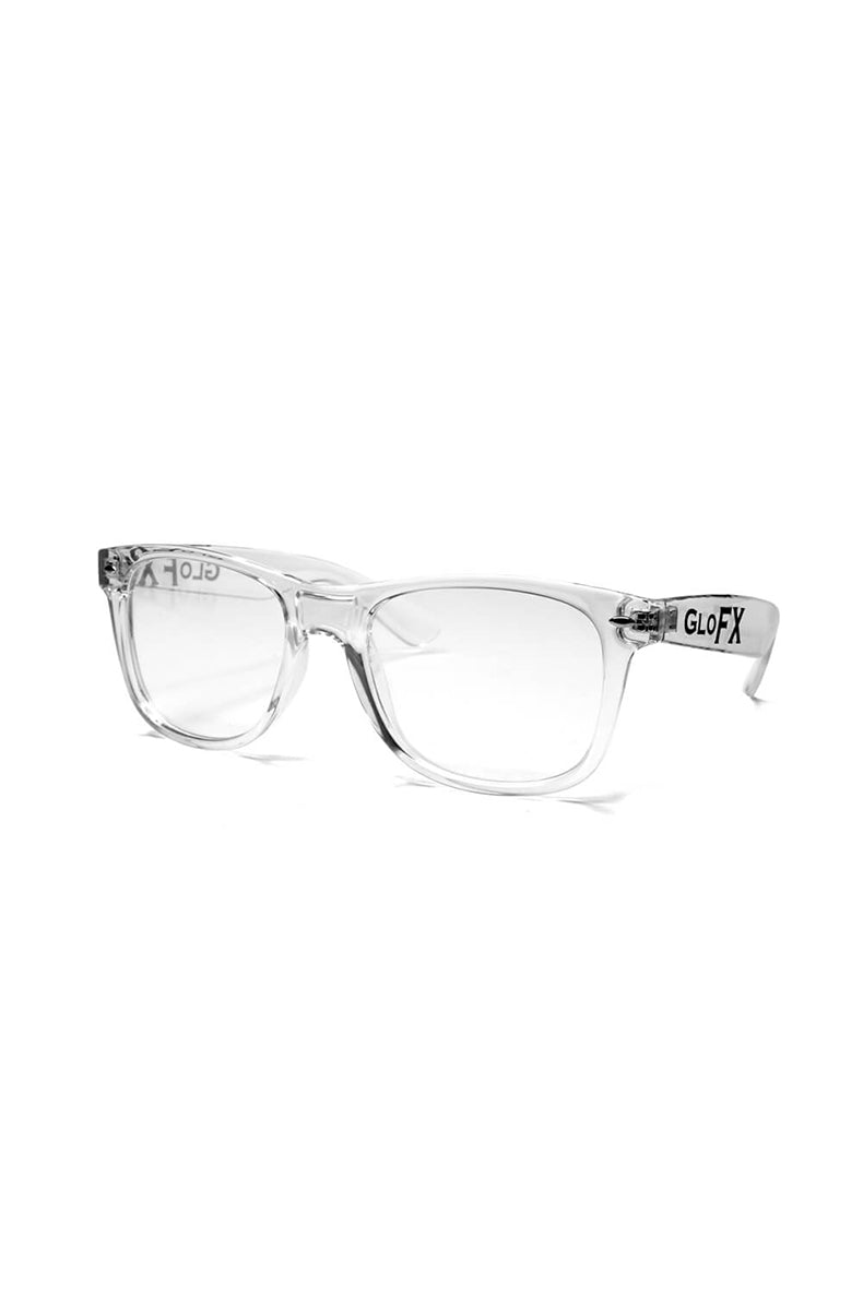 Wayfarer-style sunglasses with transparent clear plastic frames and clear diffraction lenses.