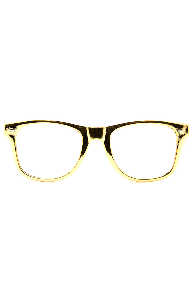 Wayfarer-style sunglasses with metallic gold frames, GloFX branding on the temple, and clear diffraction lenses.