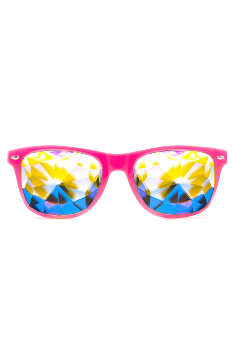 Wayfarer-style sunglasses with glossy hot-pink frames and faceted yellow-and-blue kaleidoscope crystal lenses.
