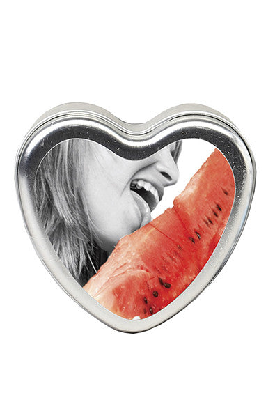 Earthly Body watermelon edible body candle in a small tin, pink and green watermelon label, on a white background.