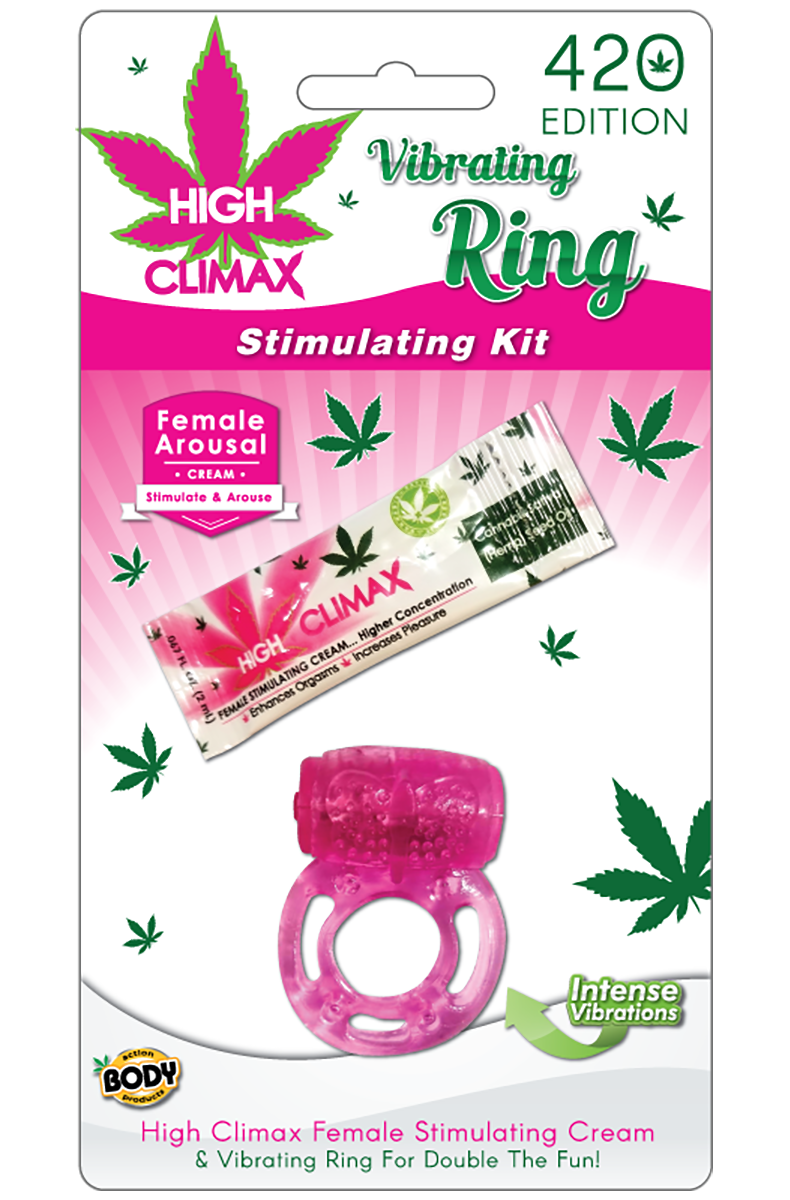 High Climax Vibrating Ring Stimulating Kit 420 Edition card with arousal cream tube and pink silicone vibrating cock ring.