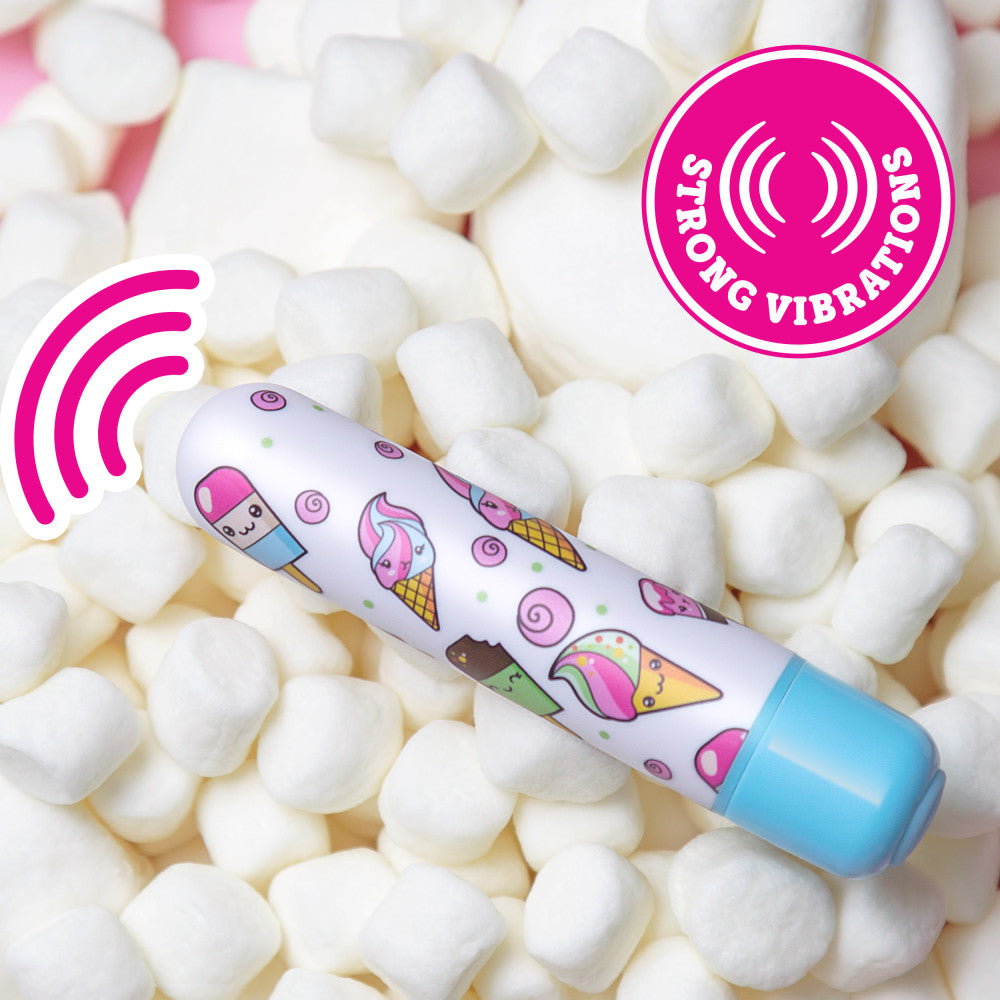 Top view of the Mini Sweet Cream Bullet vibrator showing the smooth tip and dessert print.