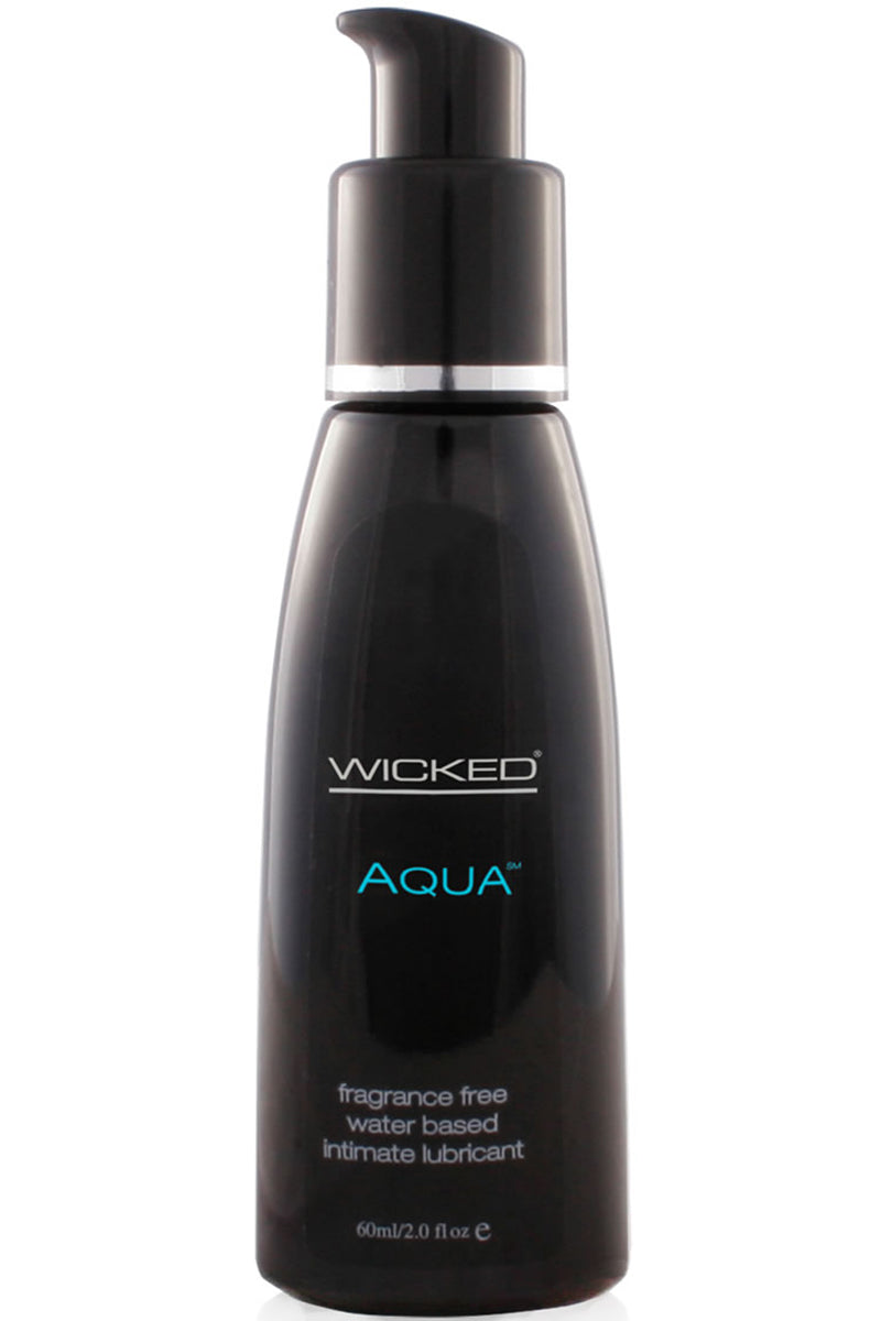 Front view of Wicked Aqua Water Based Personal Lubricant in a black 2 fl oz pump bottle with a blue Aqua label.