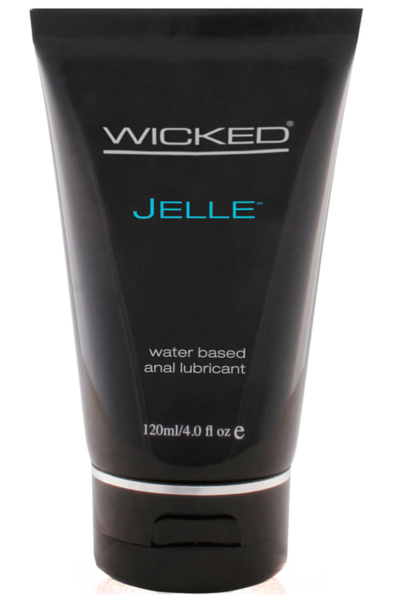 Black 120 ml 4 fl oz tube of Wicked Jelle water based anal lubricant, glossy black with white and teal lettering.
