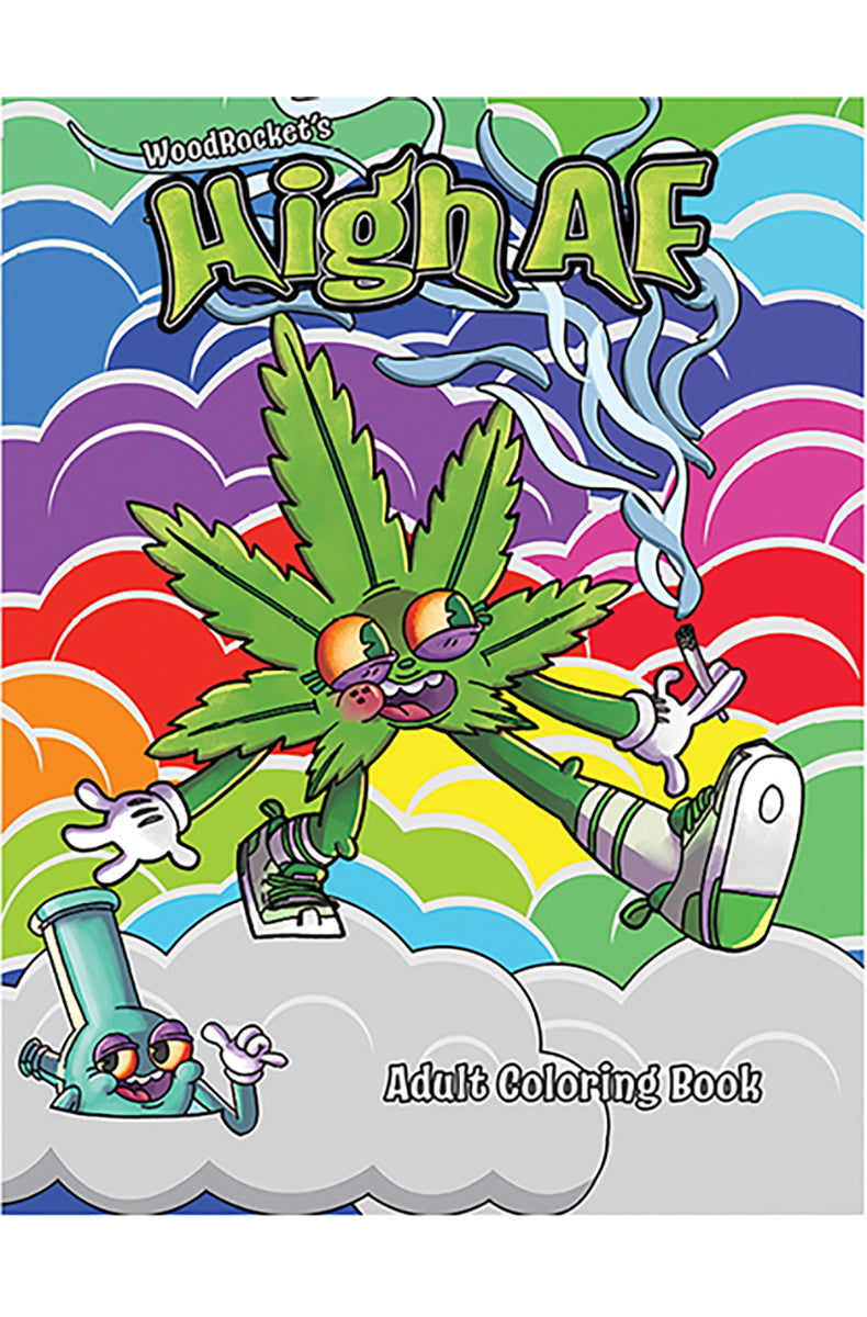 High AF Coloring Book cover showing psychedelic cartoon line-art imagery in adult coloring book format.