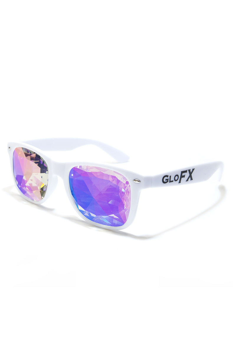 Wayfarer-style sunglasses with glossy white frames, GloFX branding on the temple, and faceted purple-blue kaleidoscope crystal lenses.