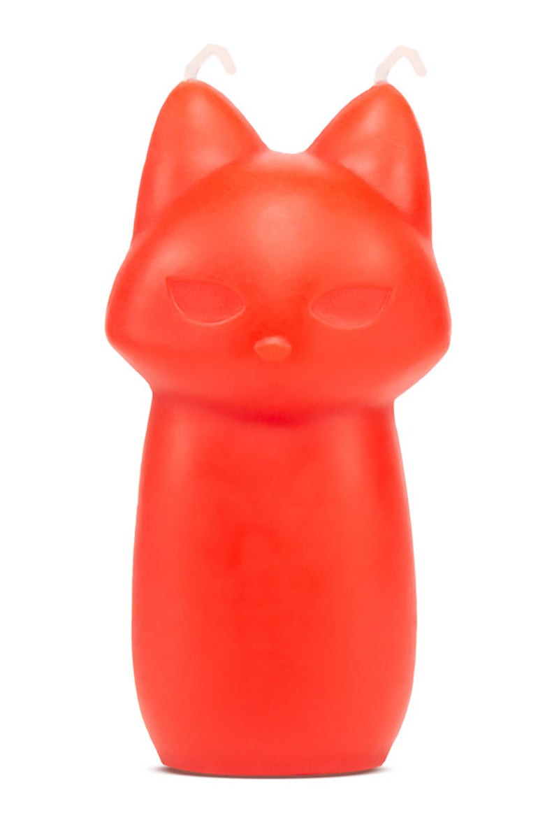 Red fox-shaped drip candle with stylized features and two ear-tip wicks against a white background.