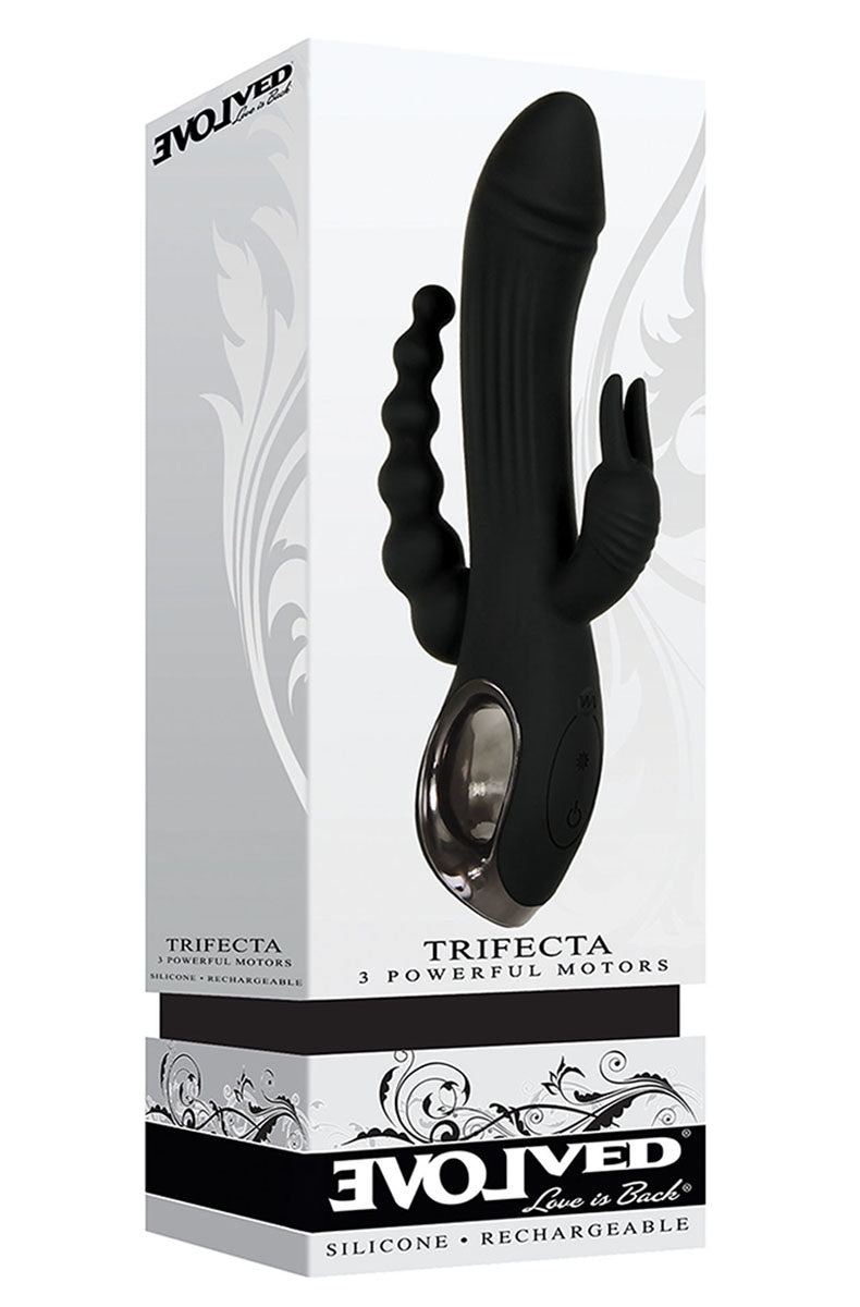 Front view of the Trifecta black silicone rabbit vibrator with the ABS plastic handle and metallic ring detail.