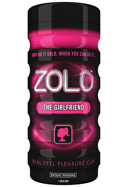 Front of black and magenta-pink Zolo The Girlfriend Cup male stroker can with pink Real-Feel Pleasure Cup graphics.