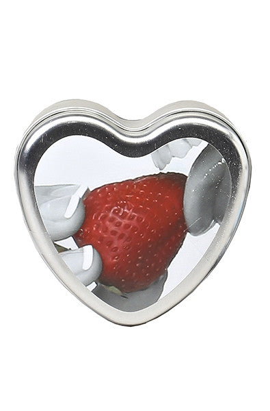 Earthly Body strawberry edible body candle in a small tin, red-strawberry label, on a white background.