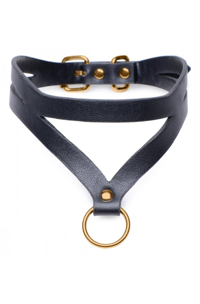 Back view of the black PU V-strap choker showing gold buckle, gold rivets, and the V-strap leading to the gold O-ring.