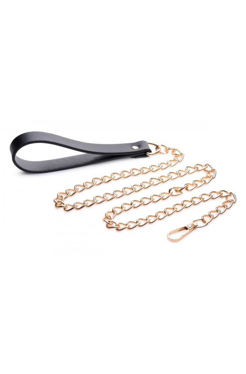 Detail of the black PU leather hand loop and gold chain leash with rose-gold swivel snap-hook clip on white background.