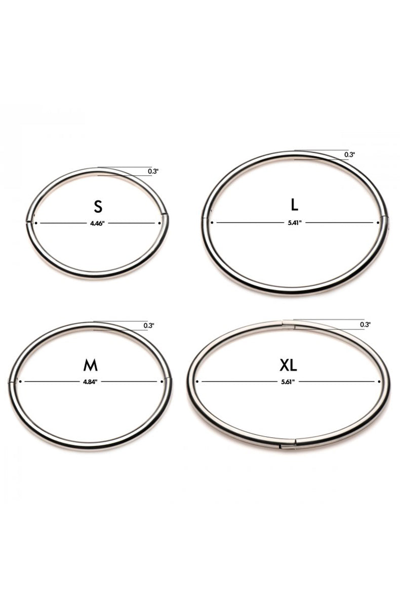 Size chart showing four polished steel torque collars labeled S, M, L, and XL with inner-diameter measurements.