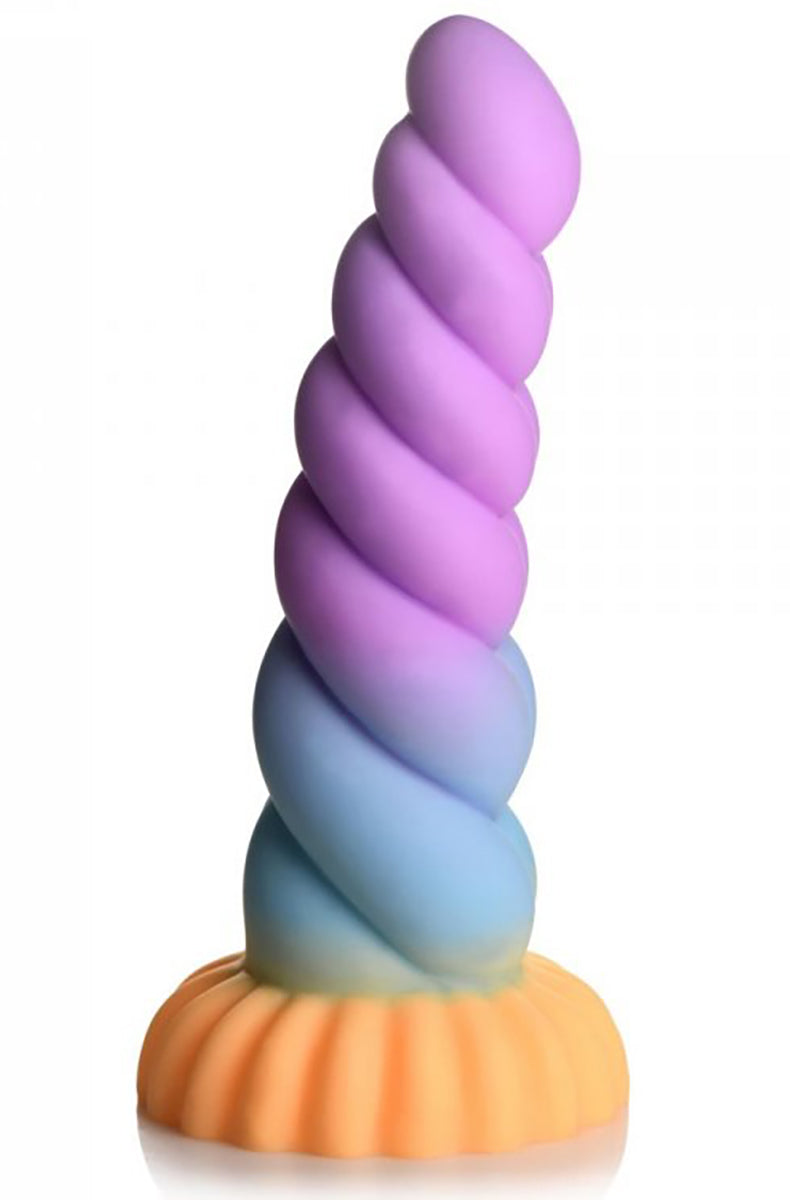 Front view of Creature Cocks pastel silicone unicorn dildo, spiral horn shaft fading purple to blue on flared base.