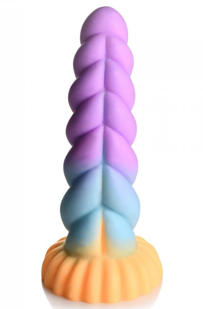 Pastel purple to blue silicone unicorn horn dildo with twisted spiral shaft and fluted peach-orange flared suction cup base.