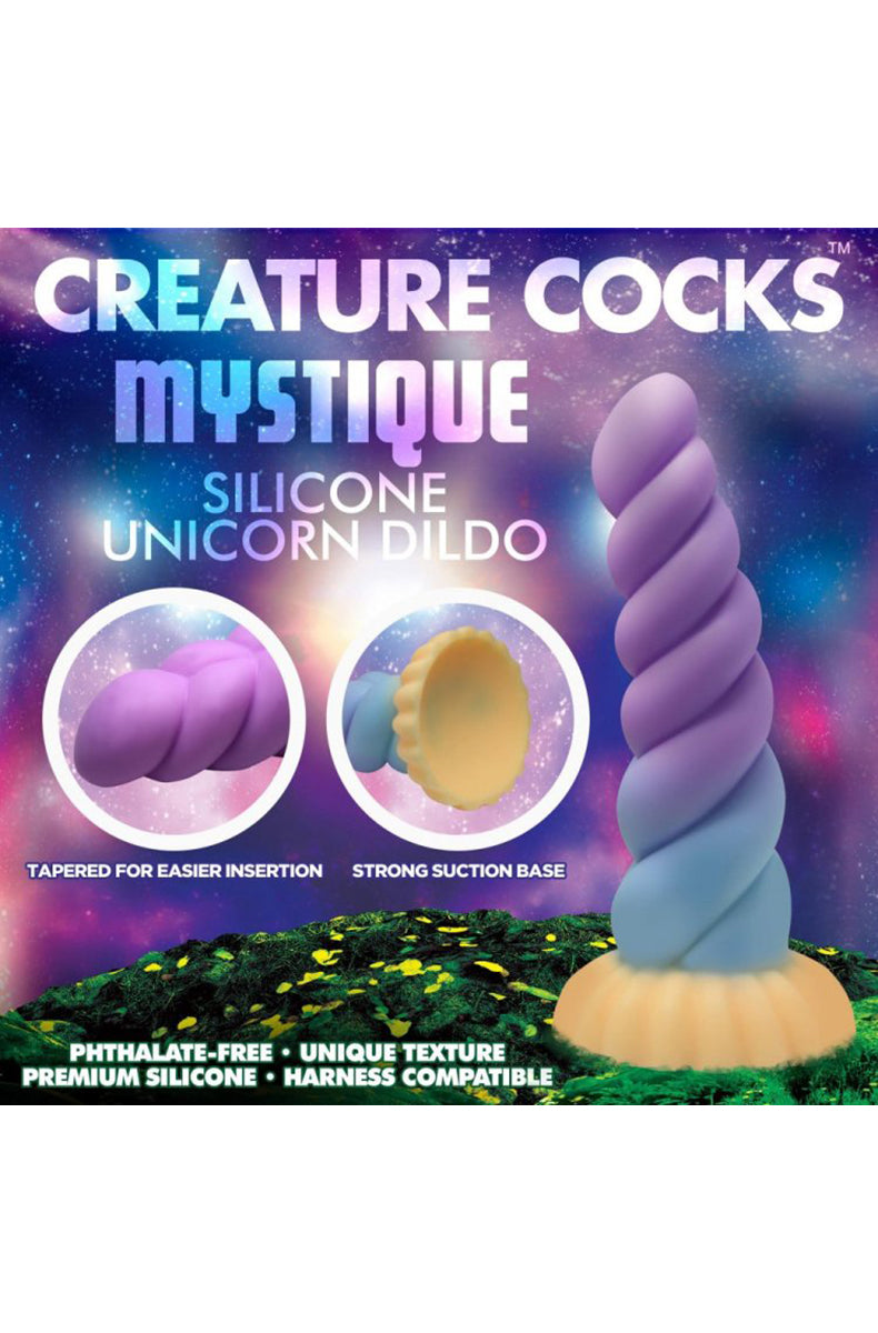 Pastel silicone unicorn horn dildo shown alongside fantasy cosplay scene context.