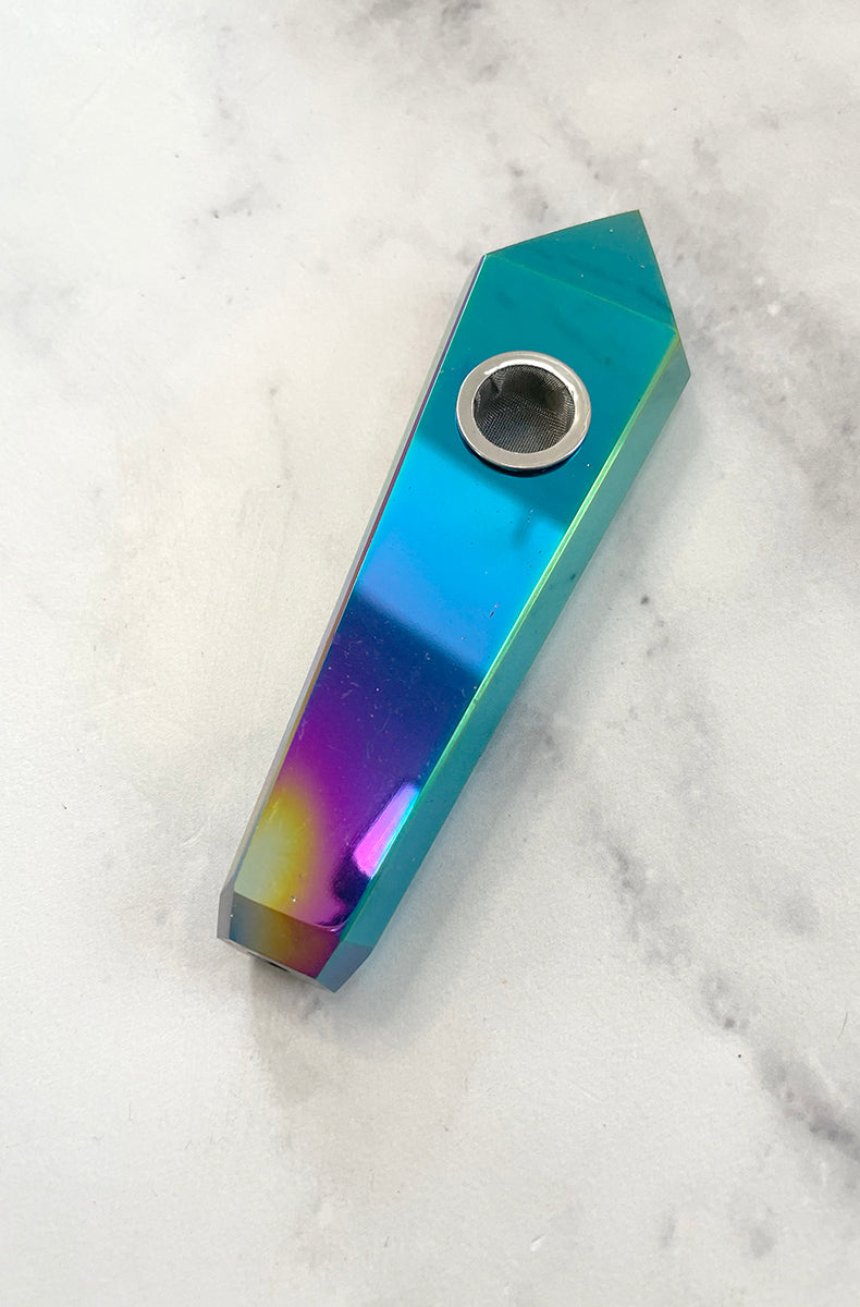 Iridescent rainbow aura quartz hand pipe with a faceted hexagonal shape and a removable metal bowl insert at the top.