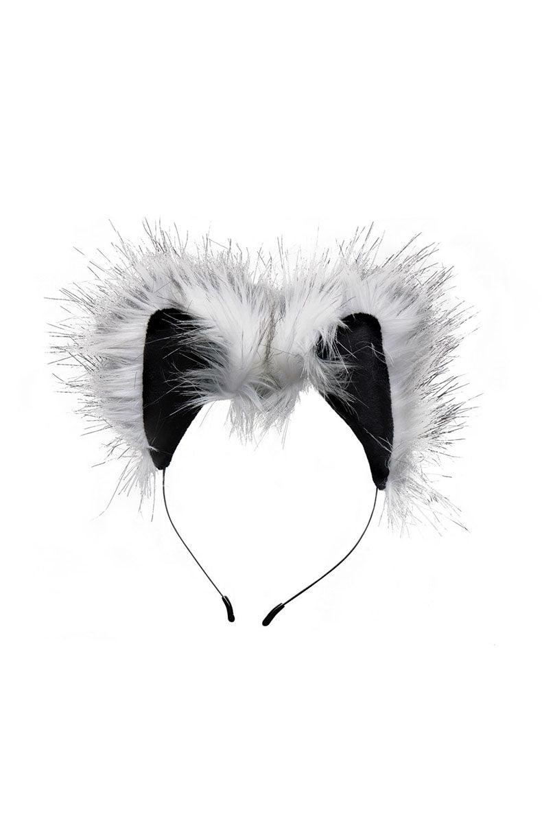 Close-up of the matching wolf ears headband, grey-and-white faux fur on a thin black headband.