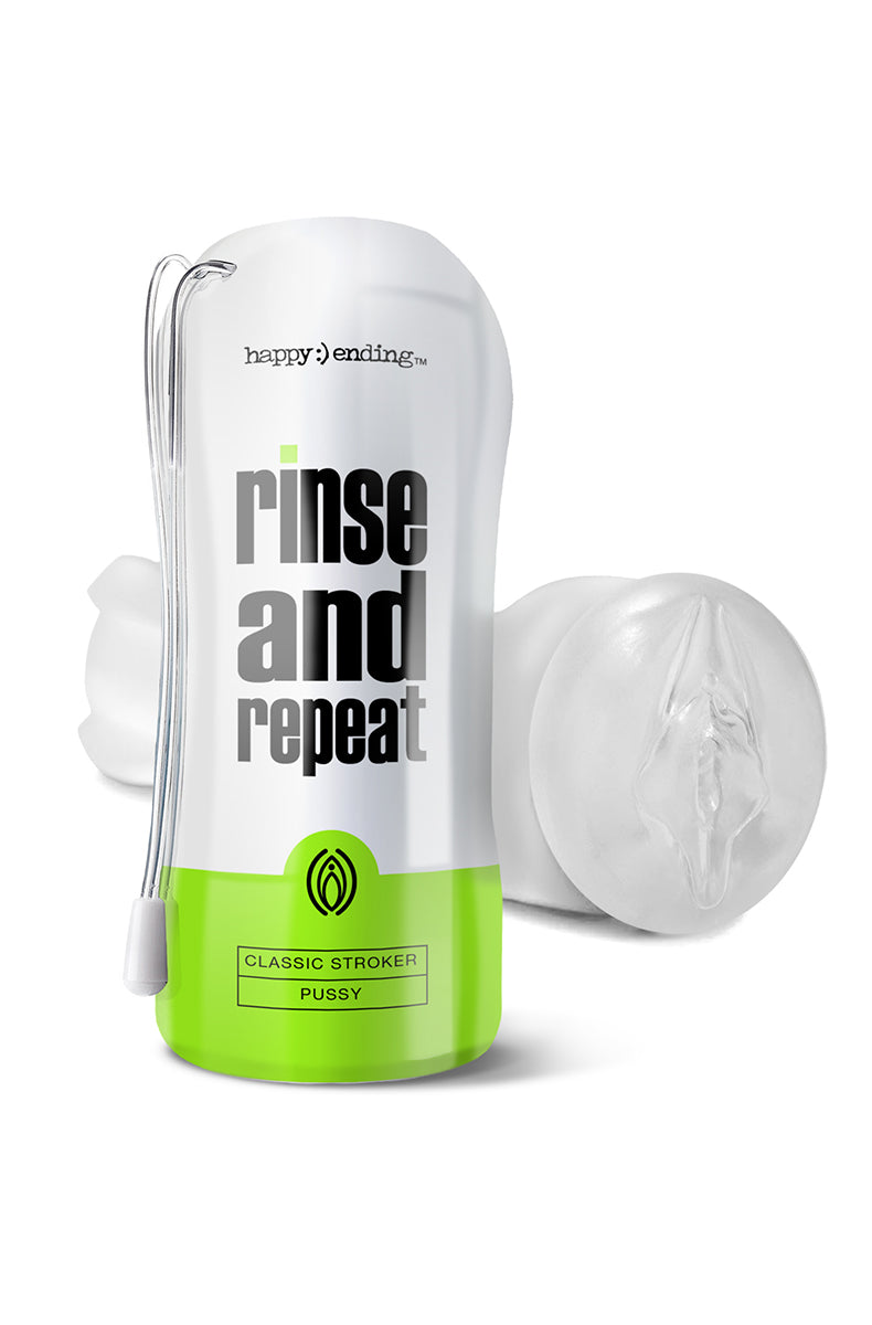 Rinse and Repeat Classic Pussy Stroker in a white and green case with a hanging cord, beside the clear TPE pussy sleeve.