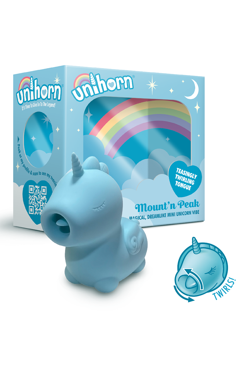 Blue silicone Unihorn Mount n Peak unicorn vibrator with a small pointed tongue, next to its rainbow gift box.