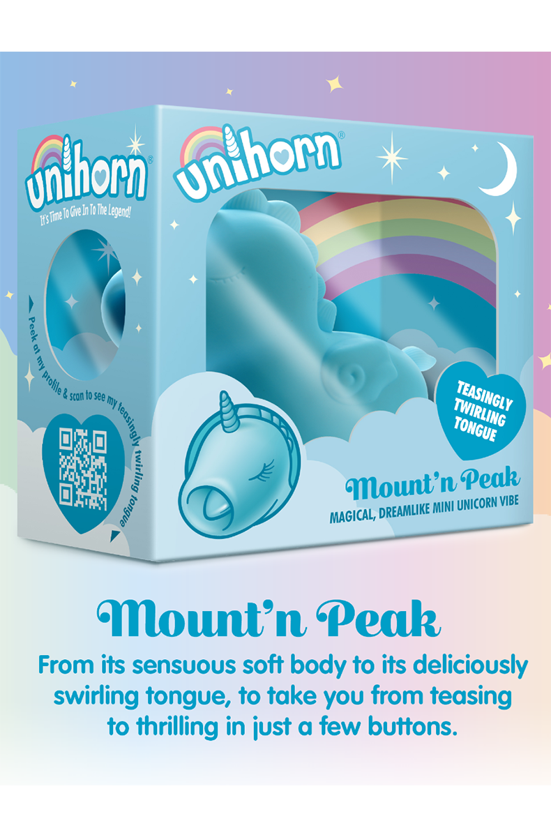 Side view of the blue silicone Unihorn Mount n Peak vibrator showing the unicorn's horn, closed eyes, and protruding tongue.