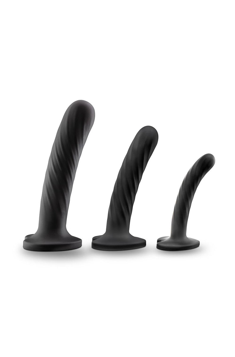 Three black platinum cured silicone twist dildos from Blush Temptasia in graduated sizes with heart-shaped suction cup bases.