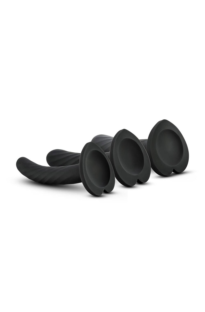 Set of three Blush Temptasia Twist black silicone dildos lined up showing the size progression from small to large.