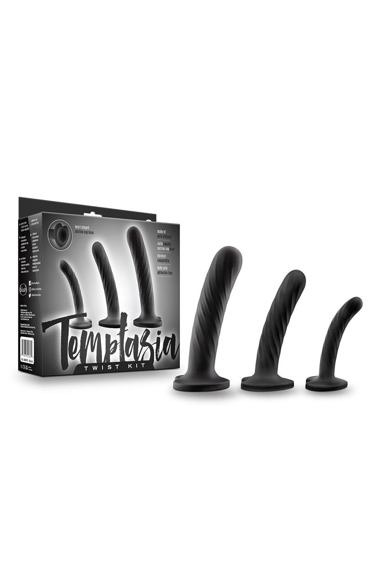 Top view of black Temptasia Twist silicone dildo heart-shaped suction-cup base.