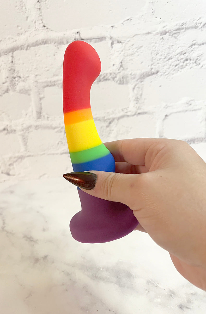 Second view of the Avant Pride Freedom rainbow silicone dildo with suction cup base.