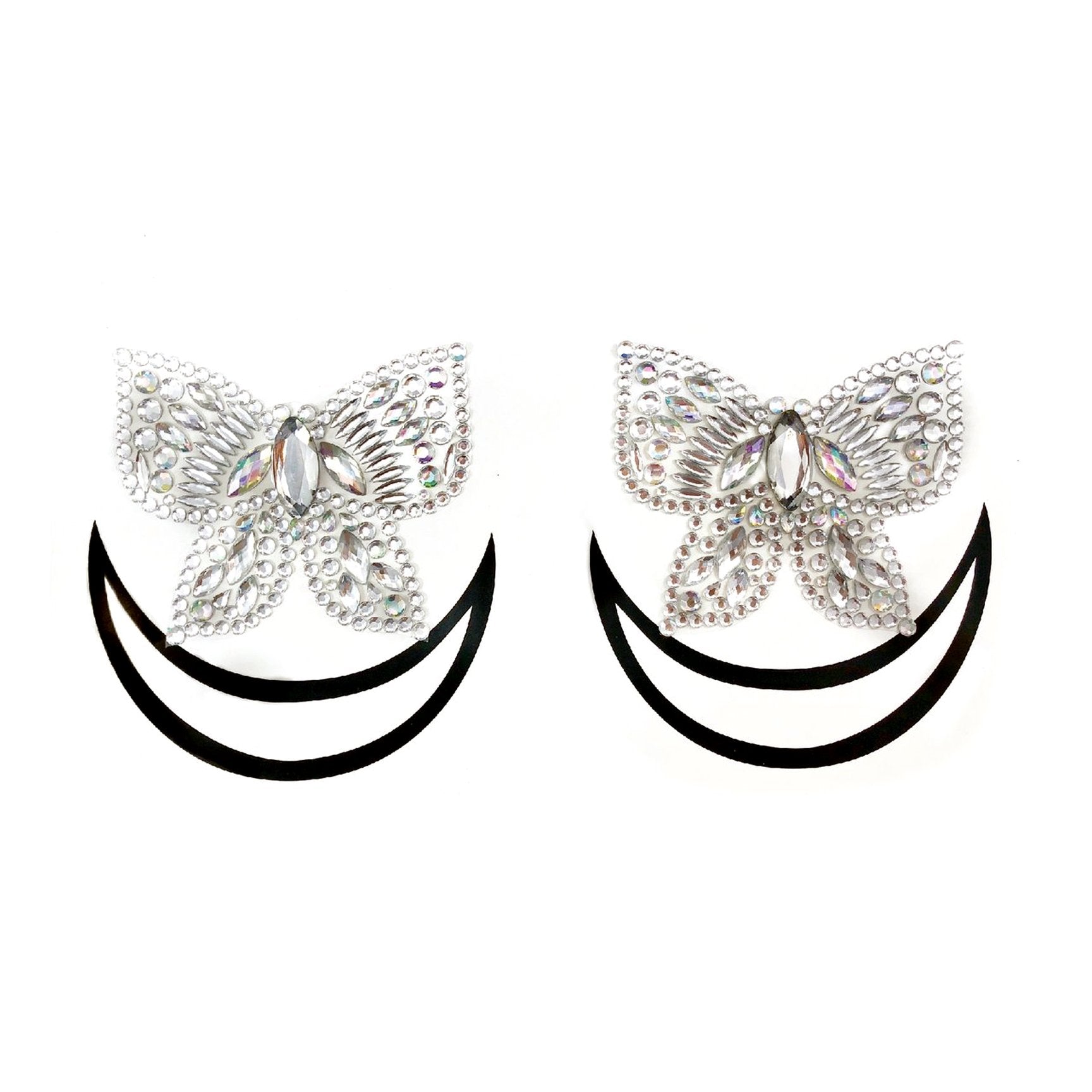 Two butterfly-shaped jewel pasties built from clear and AB rhinestones, paired with twin black pleather crescent-moon shapes framing the bottom.