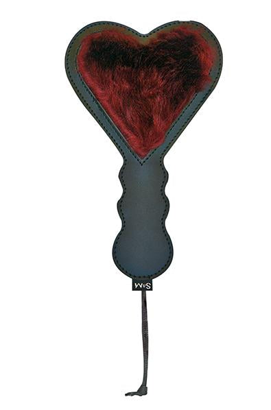 Black leather heart paddle with red fur inset on heart face, contoured handle, wrist strap